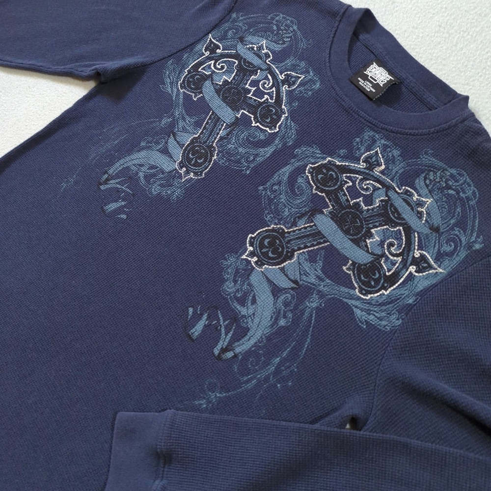 MMA Elite Mens Large Blue Thermal Cross Graphic Waffle Long Sleeve Shirt Y2K
